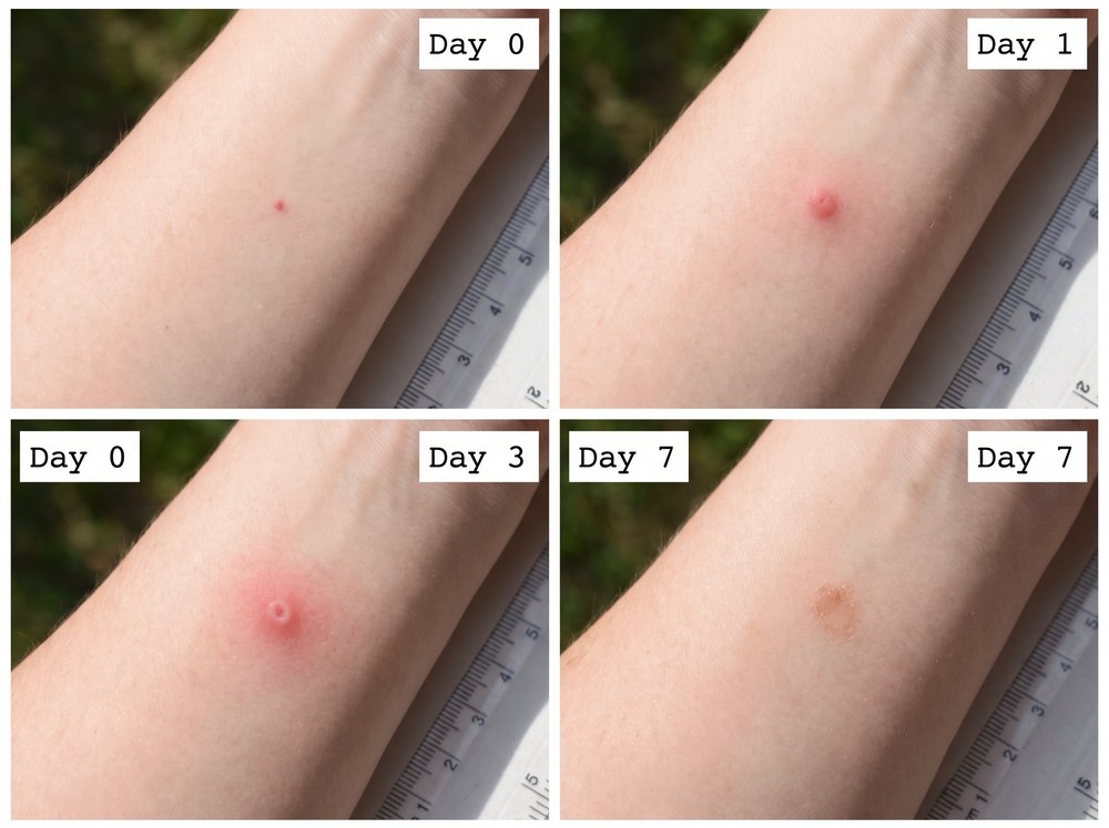 Side-by-side labeled comparison photo showing a faint June beetle scratch mark next to a raised red mosquito bite with a visible puncture point